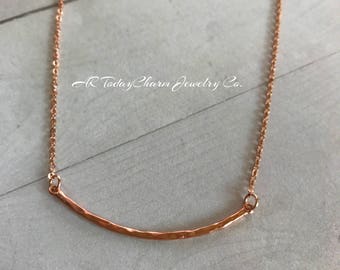 Rose Gold Hammered Curved Skinny Bar Necklace on Rose Gold Chain, Rose Gold