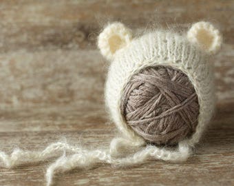 Newborn bear hat, newborn mohair hat, baby girl hat, baby boy hat, new born photo prop, photography