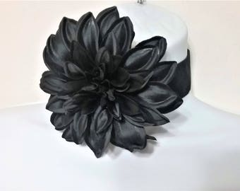 Black Satin Flower Choker, Black Flower Choker, Black Velvet Choker, Black Velvet Necklace, Flower Lace Choker, Satin Flower Choker