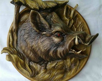 3D wooden carving plate, home decor, boar