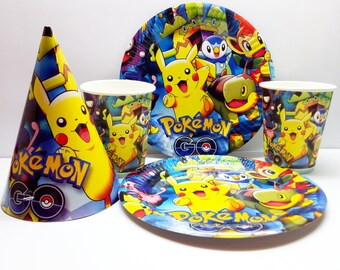 Pokemon paper tableware. Paper plates, cups and party hats. Pokemon Set for children's holiday,party or birthday. Pokemon Pikachu party.