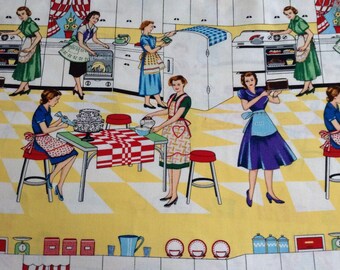 Home Ec/Domestic Scene 1950's/Kitchen/Baking on yellow/white background cotton fabric by the yard