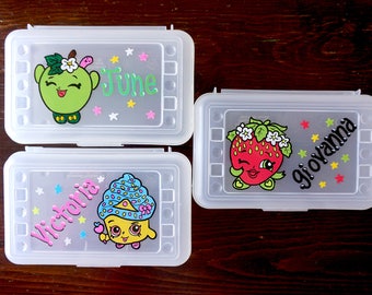 Shopkins personalized pencil box, hand painted, custom school supplies storage, back to school, shopkins party favor, shopkins storage case