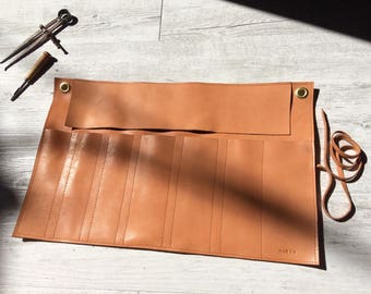 Leather tool roll, knife roll, vegetable tanned leather tool holder with brass hardware, and personalised