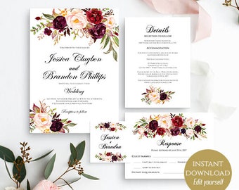 Wedding Invitation Set Wedding Invitation Printable Wedding Invite Editable Invitation Suite Template PDF Instant Download Boho Chic DIY