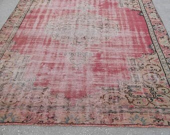 Oushak Rug, Turkish Vintage Original Pile Pattern Carpet,Pastel Red colors,Home living, Floor rugs,205x270cm, shown in the photo,