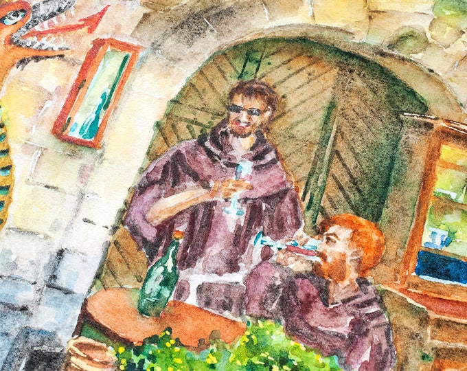 Monks & Dragon Painting, ORIGINAL Watercolor inspired by Medieval Fantasy atmosphere of our Old Town