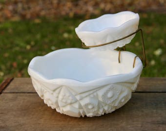 Milk Glass Bowl - Milk Glass Dip Bowl - Press Cut Milk Glass - Pres Cut Bowl - Milk Glass Chip & Dip - Chip and Dip Bowl - Vintage McKee