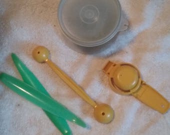 Vintage Tupperware Set/Dessert Cup/Lidded/Fruit Peeler (2)/Misc Antique Tupperware Replacments/Used/Colorful Kitchenware/Yellow/Green/Grey