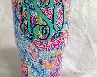 Lilly Pulitzer style 30 oz stainless steel sublimation tumblers, Monogram custom tumbler, Yeti style, slide lid, Lilly cup, Lilly blank