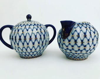 Lomonosov Cobalt Net Gold Imperial Russian Porcelain Cream & Sugar Set