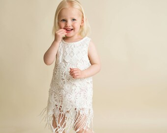 Boho Flower Girl Dress, Toddler Dress, Lace Dress, Crochet Fringe Dress, Country Flower Girls Dress, Chidrens Dress, Rustic Flower Girl