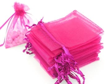 50 Hot Pink Organza Bags - 3x4 Inch Sheer Fabric Wedding Favor Bags With Drawstring - Sheer Jewelry Bags - Ships Within 24 Hours