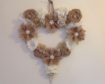 large handmade decorated satin and hessian flower heart wreath, wedding decor, home decor