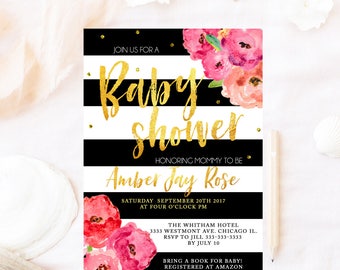 Floral Kate baby shower invitation, Spade baby shower invitation, Kate baby shower invitation, black and white stripe Spade baby shower