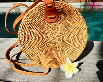 Lana Round Woven Rattan Bag, Shoulder Bag, Crossbody Bag, Basket Bag - leather snap closure