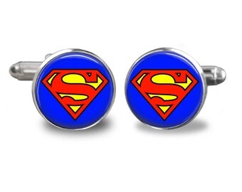 Superman cufflinks superhero cufflinks cufflinks comic book mens cufflinks glass cufflinks silver cufflinks