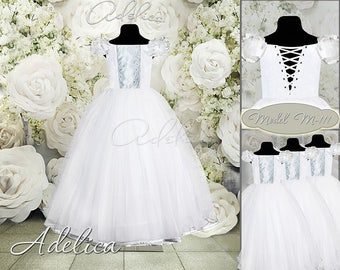 White Flower Girl Dress with short puffed sleeves- Holiday Bridesmaid Birthday Wedding Party White Flower Girl Tulle Dress