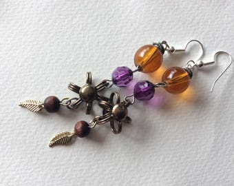 Repurposed Steam punk purple orange earrings\ neo victorian amber amethyst earrings /diesel punk gypsy earrings/victorian carnival earrings/