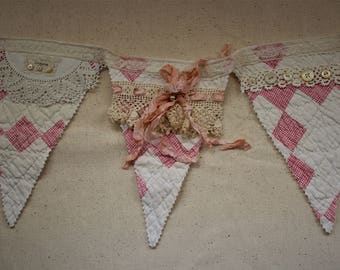 Vintage Banner Bunting ~ Shabby Chic ~ Baby ~ Cottage ~ Pink Cutter Quilt Bunting ~ Wedding ~ Farmhouse