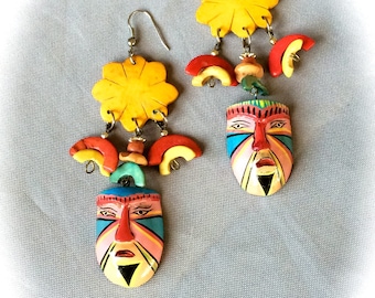 Earrings colorful ethnic vintage mask