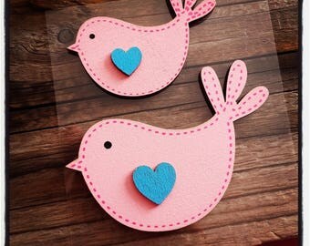 set of 2 birds in rosewood and blue heart