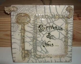 Welcome in white Crackle raku plate