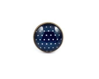 Large ring bronze * Cabochon * grey dots on dark blue background