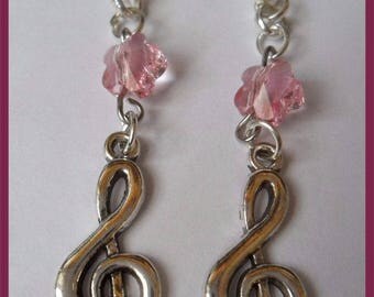 Earrings silver musical note pendant chain pendulum and crystal flower pink