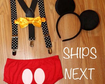 SALE********Mickey Mouse Inspired Birthday Smash Cake Outfit with Suspenders and Ears