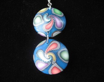 Low price: double blue/multicolor polymer clay spiral pendant