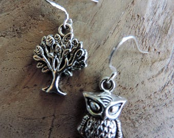 Earrings, nature, tree of life and OWL OWL Tibetan silver, silver attachment.