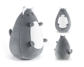 Fatty stuffed Cat toy, handmade gray and white Cat, plush soft cat for baby