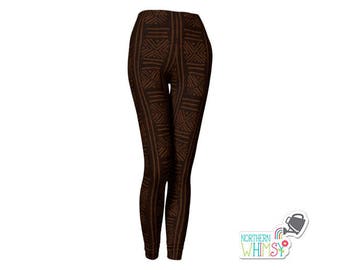 Tribal Pattern Leggings - dark brown ladies' leggings with an African tribal pattern - US womens' sizes XS, S, M, L, and XL