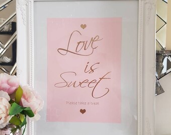 Sweet table cart sign blush pink and gold foil