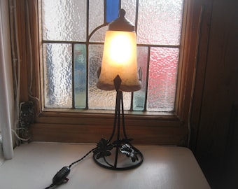 Vintage Antique French Art Deco Table Lamp with Pate de Verre Tulipe Shade by Jean Noverdy