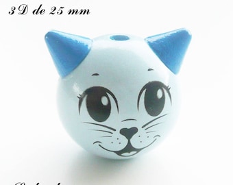25 mm wooden bead, Pearl 3D cat: light blue