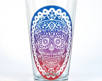 Sugar Skull Pint Glass - Day of the Dead - Dia de los Muertos - Etched Glassware - Custom Painted Beer Glass - Made to Order