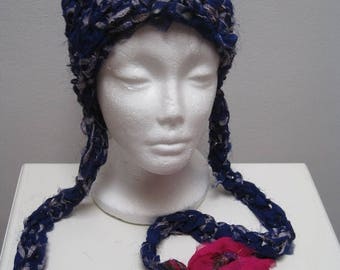 EARLY FALL SALE royal fuschia crocheted hat with tails, made from upcycled chiffon scraps "kerala"