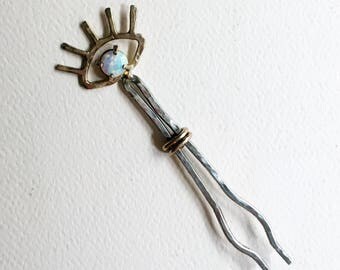 Sterling Silver and Brass and Opal Eye Roach Clip