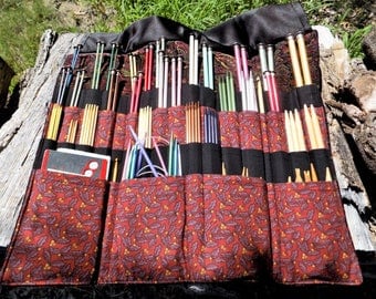 Knitting Needle Storage Roll Case Organizer, EXTRA LARGE for up to 14" Long Straight, Circular & Double Pointed Needles, Elastic Tab Closure