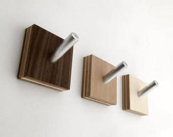 Wall Hooks, Modern Wood Coat Hooks, Minimalist Modern, Industrial Chic, Cubist Decor, Set of Three