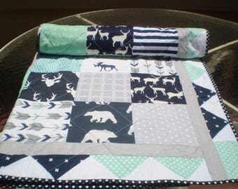 Baby Quilt, baby deer quilt, Baby Boy Bedding, Baby Girl Quilt, crib quilt, Woodland, mint, grey, navy, Bear, Moose, Arrow- And Bullwinkle2