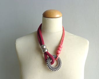 Pink silver statement necklace, rope necklace, pink necklace