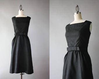 1960s Little Black Dress / Vintage 60s Black Silk Wiggle Dress / 1950s Bow Belt Fitted Dress small S