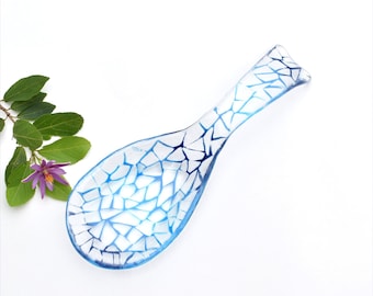 Fused glass spoon rest or dish in transparent clear with 3 colors blue