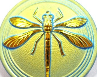 XL Czech glass BUTTON, Golden Aqua with DRAGONFLY, 1 3/16", 31mm.