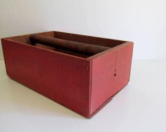Handmade Vintage Red Wood Box with Handle Storage Container Garden Decor Tool Box