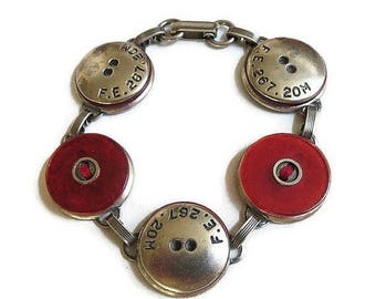 SALE Red Lucite & Silver Tone Button Bracelet Vintage Engraved