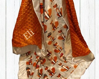 SALE Fox Baby Blanket, Fox Minky Baby Blanket, Woodland Animal, Fox Theme Nursery, Orange Gray Blanket, Embroidered Blanket, Personalized Bl